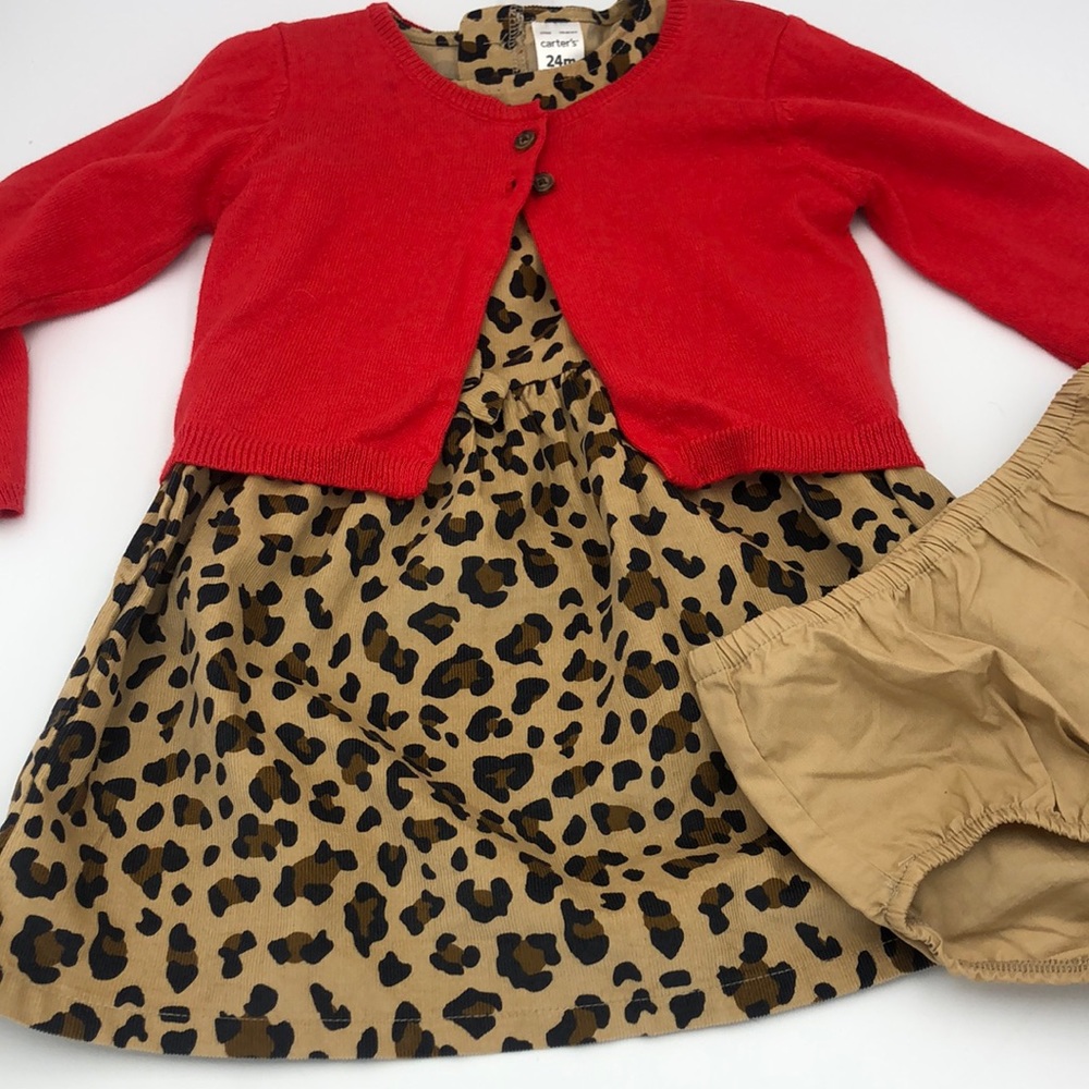 Carters leopard dress and red cardigan